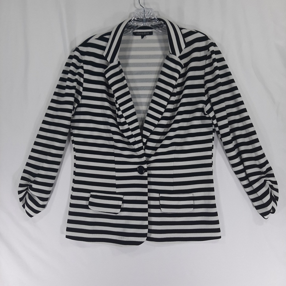 Alex & Olivia Womens Striped Ruched Sleeve Blazer Jacket Black White‎ Medium